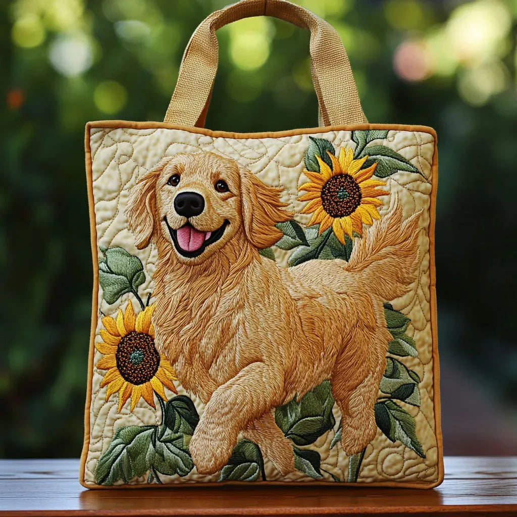 Damen Handtasche in Gold mit Golden Retriever und Sonnenblumen Motiv