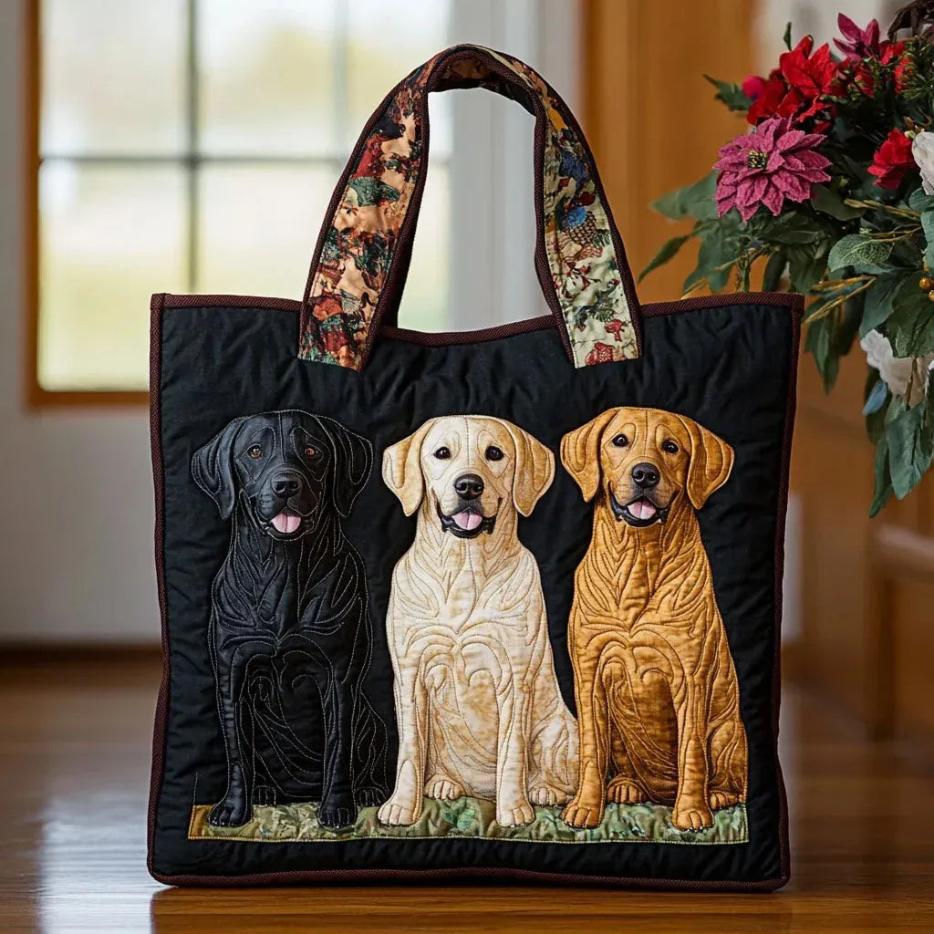 Handgefertigte Handtasche mit drei Labradormotiven in Schwarz, Gelb und Braun
