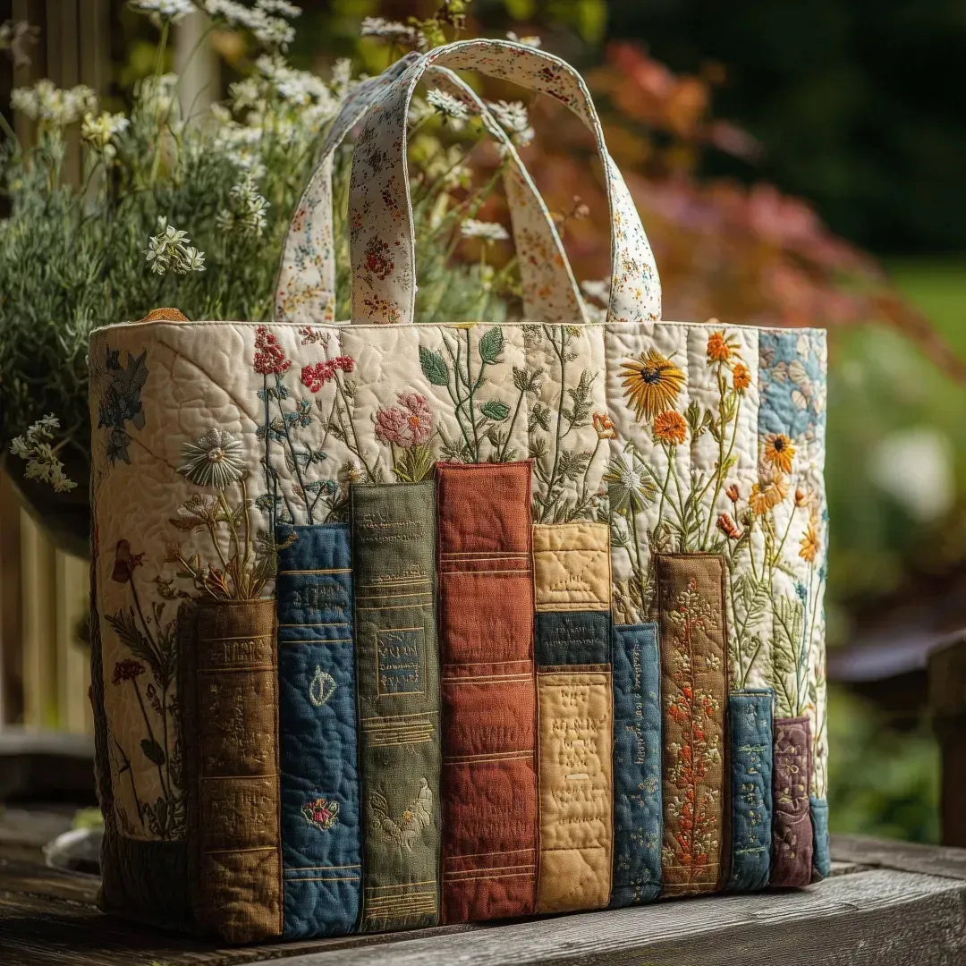 Handgefertigte Tragetasche mit Blumen- und Buchmotiv auf einer Holzbank
