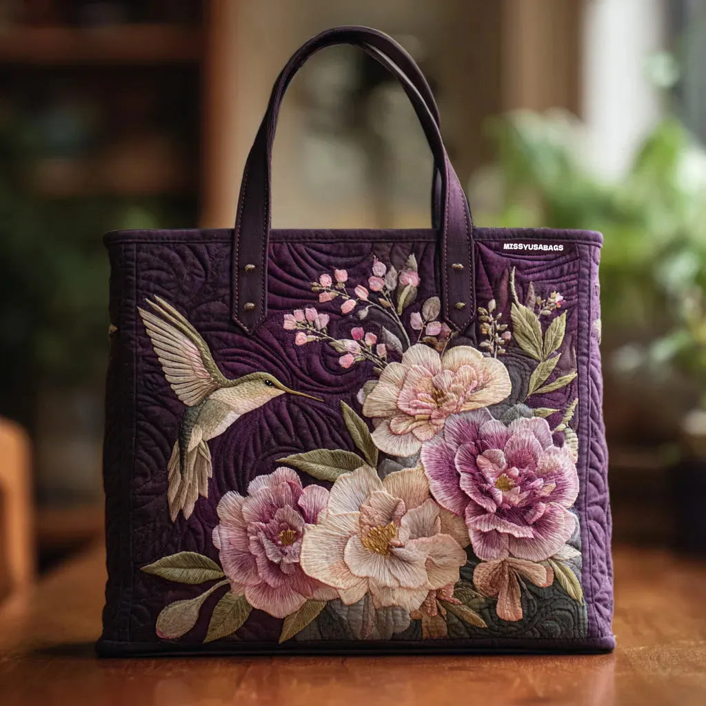 Handgefertigte Damentasche mit floralem Blumenmuster und Kolibri