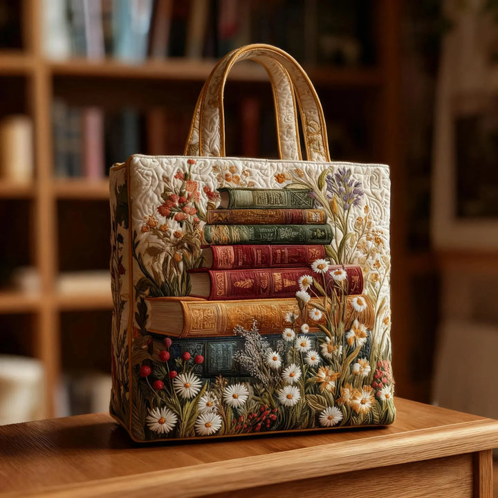 Handgefertigte Damentragetasche mit floralem Blumenmuster und Buchmotiv