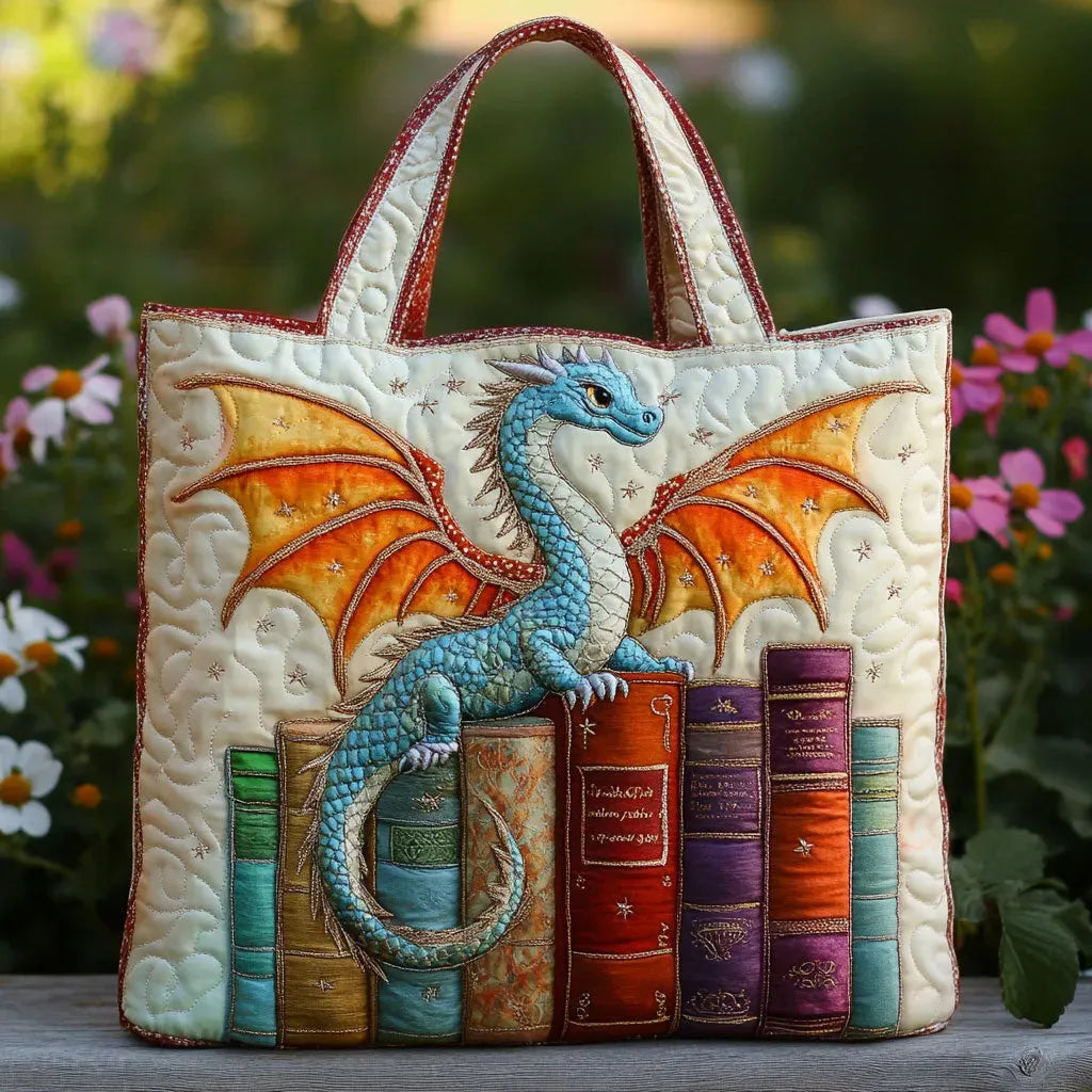 Gepolsterte Damen Tote-Tasche mit Drachen und Bücher Motiv
