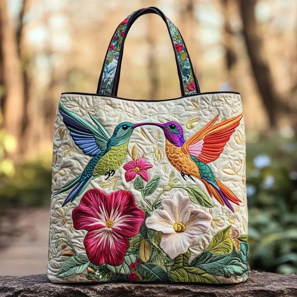 Handgefertigte Kolibri-Tragetasche mit farbenfrohem Vogel- und Blumenmotiv auf heller gepolsterter Oberfläche