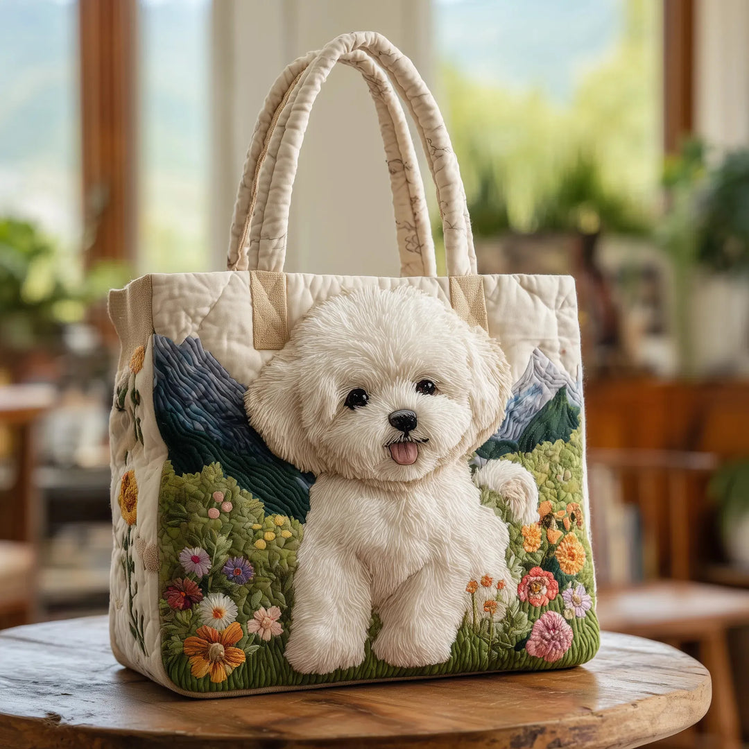 Handgefertigte Damen Handtasche mit detailliertem Hundemotiv und Blumenstickerei