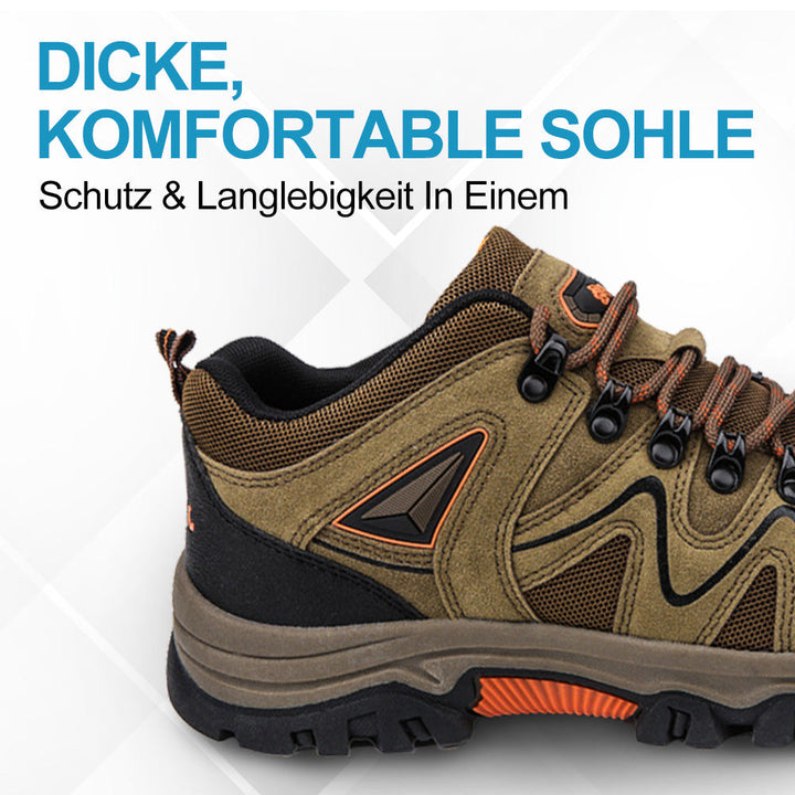 Robuste Herren Wanderschuhe, Detail der Schnürung für perfekten Halt, atmungsaktiv & rutschfest.
