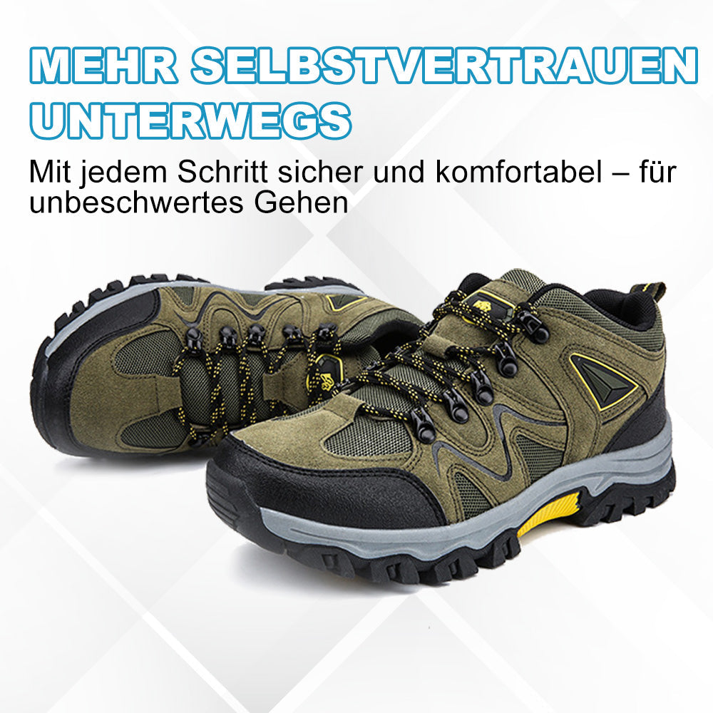Frontansicht der Herren Outdoor-Wanderschuhe mit Zehenschutz, atmungsaktiv & für jedes Gelände.