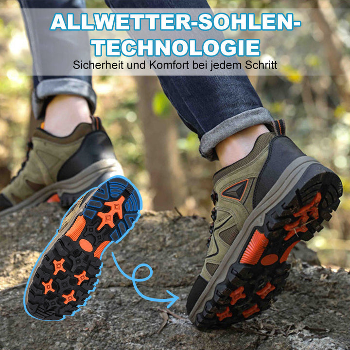 Strapazierfähige Herren Trekkingschuhe, von hinten gesehen, atmungsaktiv und rutschfest für alle Wege.
