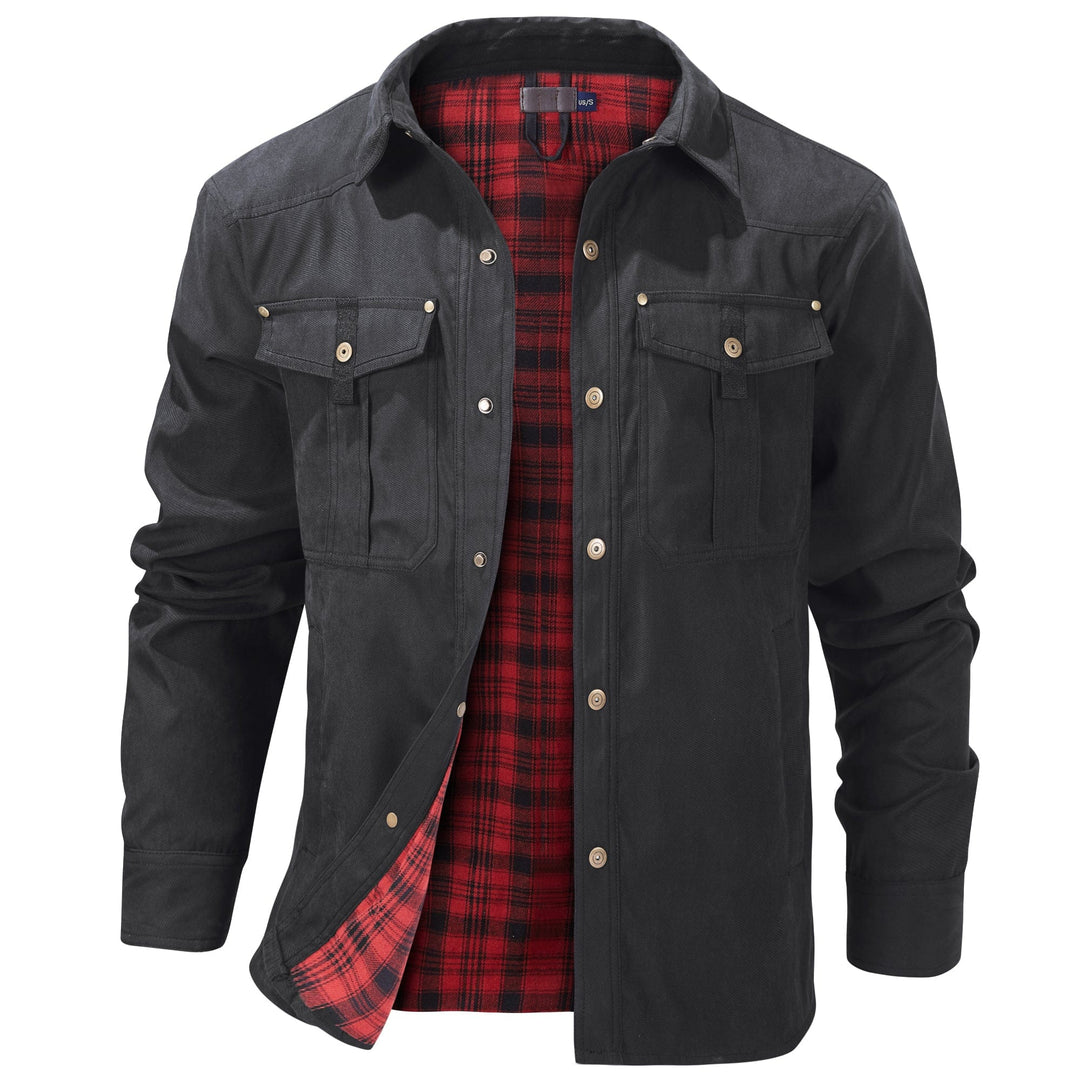 Schwarze Herren Übergangsjacke mit kariertem Futter und Brusttaschen