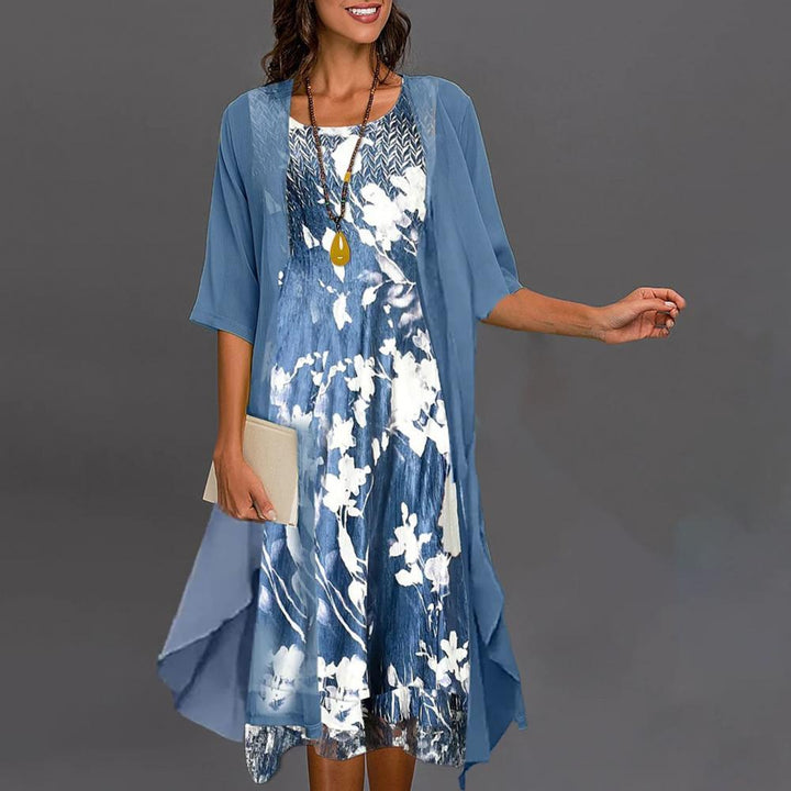 Damen Blumenmuster Kleid-Set mit Strickjacke