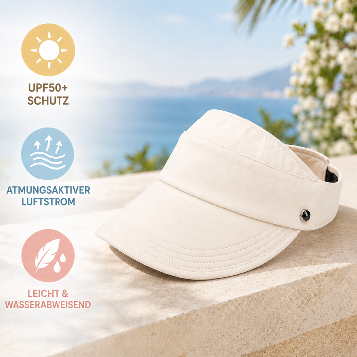 Sommerhut mit breitem Schirm und Symbolen für Sonnenschutz und Atmungsaktivität
