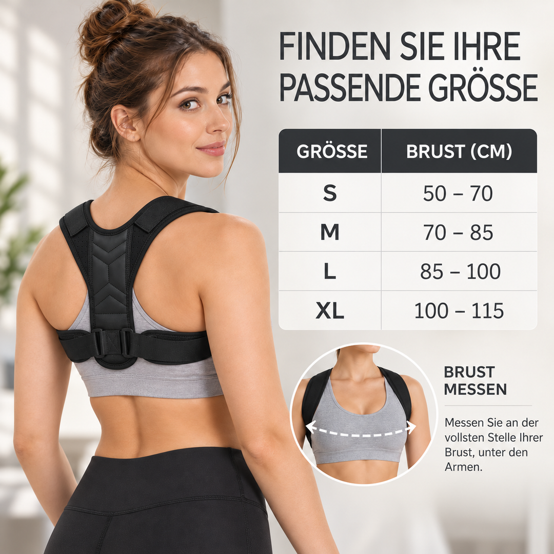 Größentabelle und Anleitung zum Messen des Brustumfangs für die Haltungskorrektur