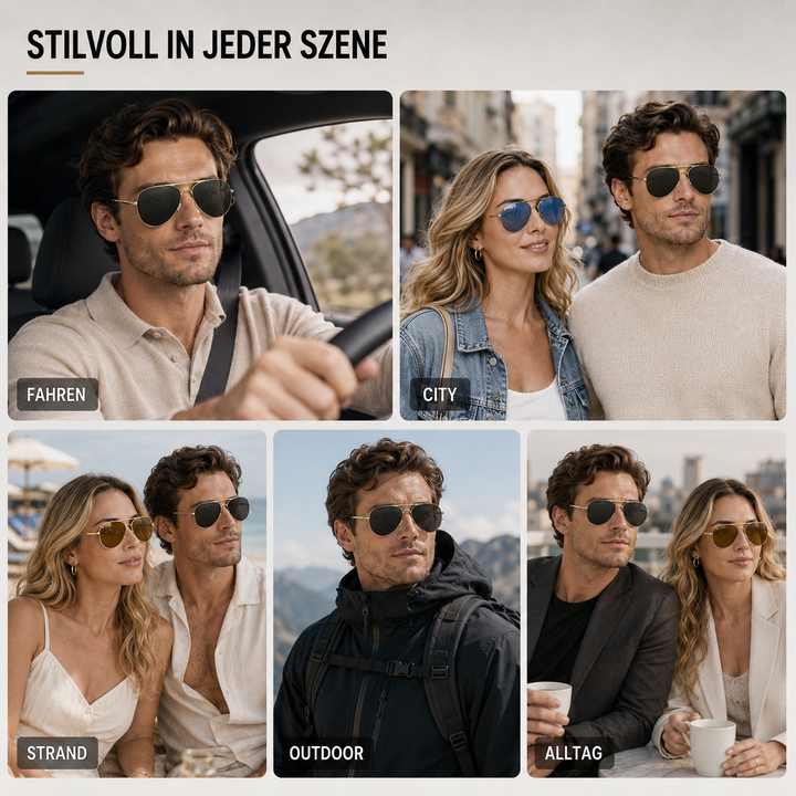 Stilvolle Fahrbrille mit polarisierten Gläsern im Sonnenlicht