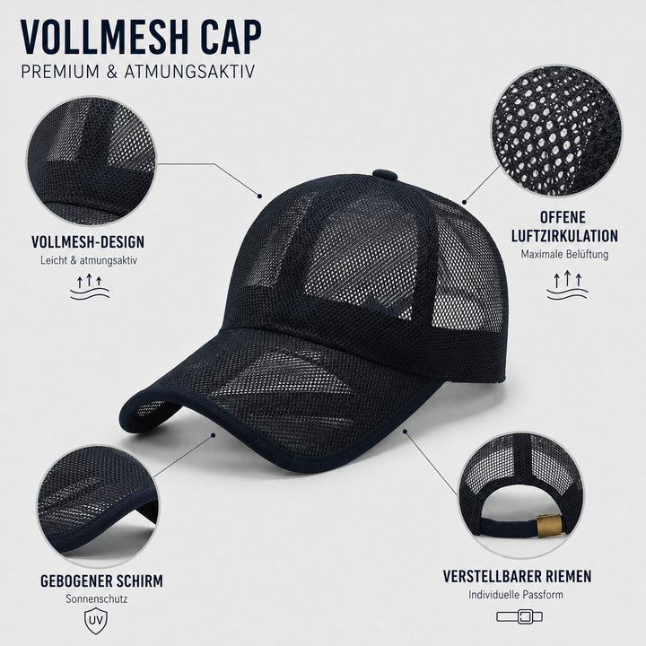 Dunkelblaue Voll-Mesh Baseballkappe mit Detailgrafiken zu Belüftung und Schirm