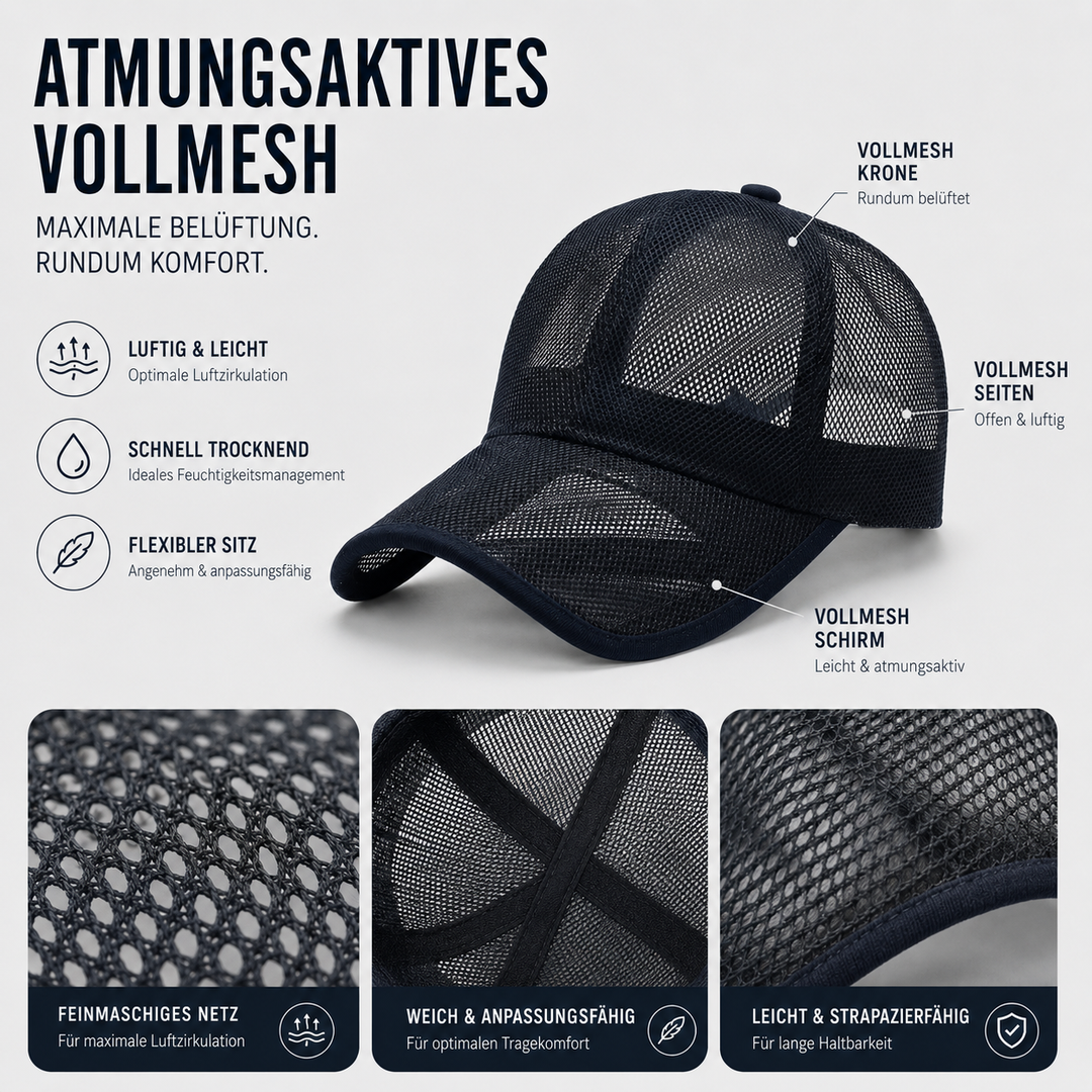 Nahaufnahme der atmungsaktiven Mesh-Struktur und Innennähte der Kappe