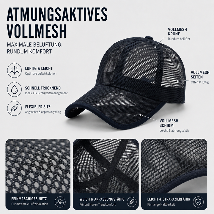 Nahaufnahme der atmungsaktiven Mesh-Struktur und Innennähte der Kappe