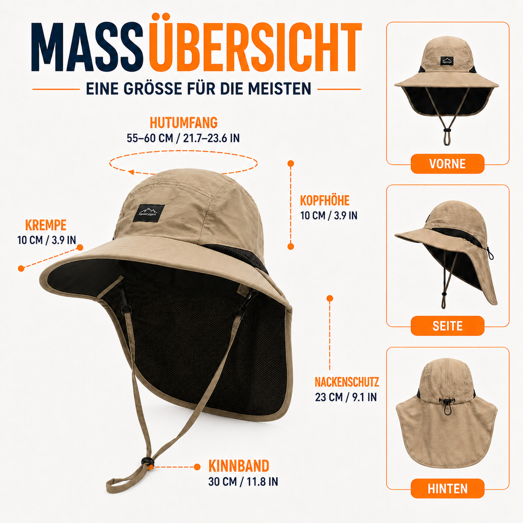 UV-Schutz Sonnenhut mit verstellbarem Kinnriemen für sicheren Halt bei Wind & Outdoor.