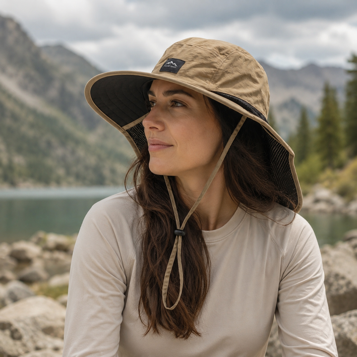 Atmungsaktiver Outdoor-Hut, unisex, mit Nackenschutz, UV-Schutz & Kinnriemen für Sport.
