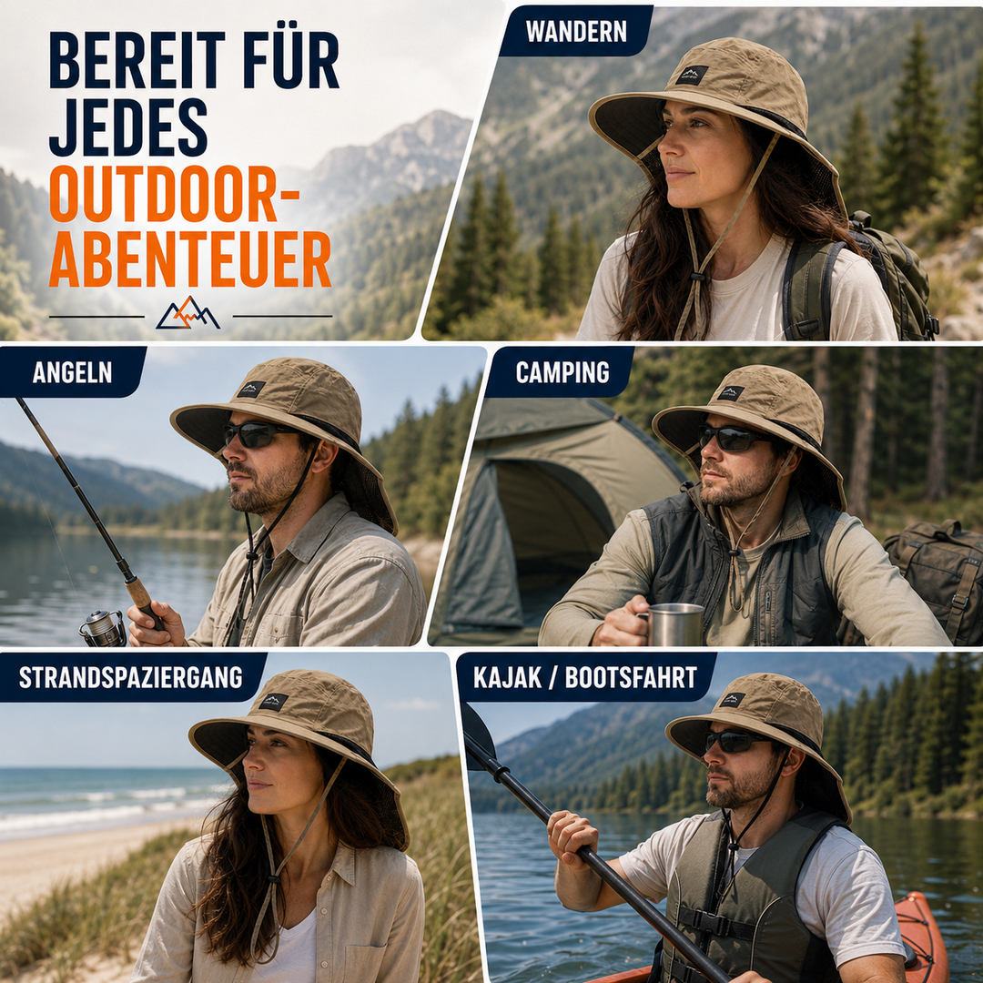Robuster Fischerhut mit Nackenschutz, UV-Schutz und Kinnriemen für Outdoor-Aktivitäten.