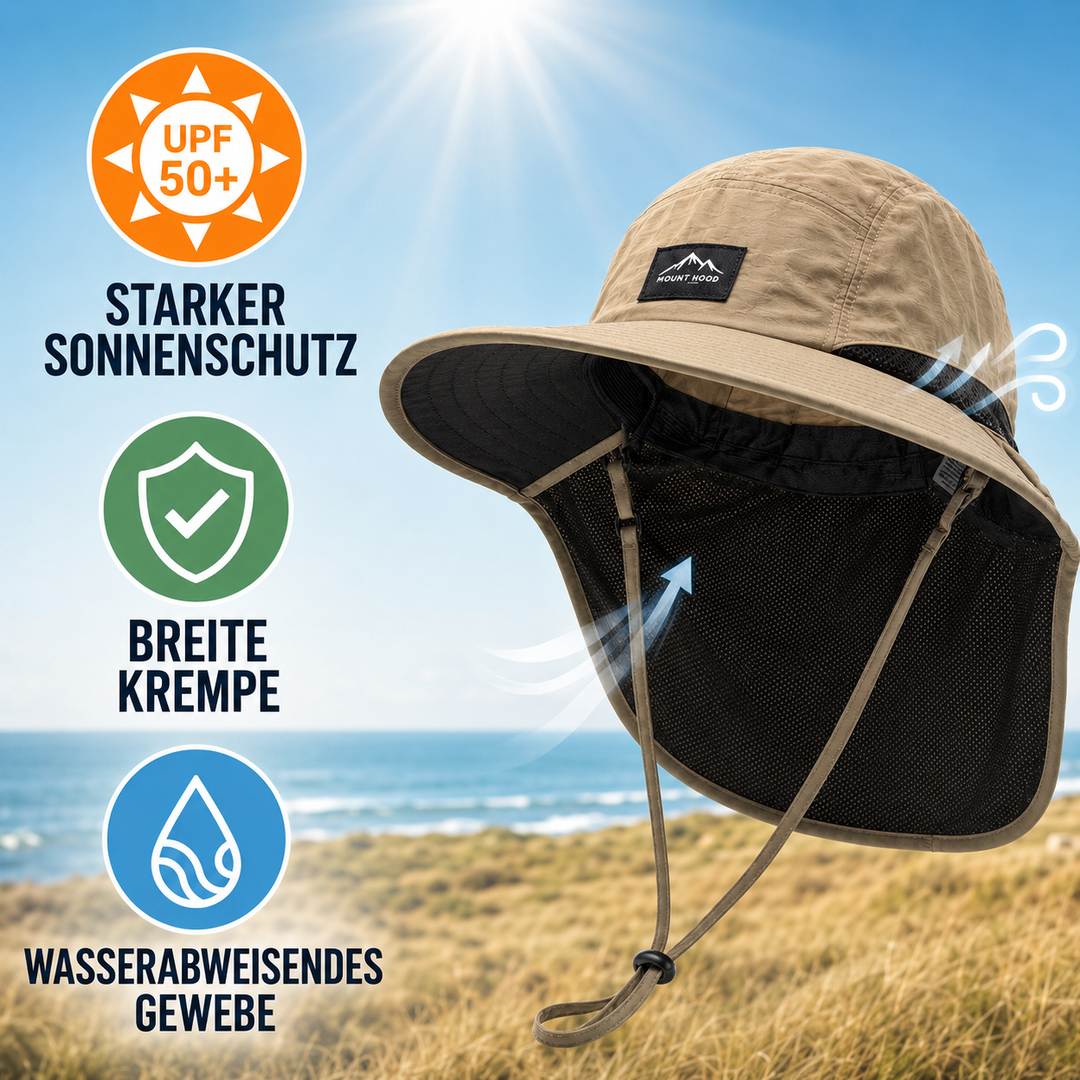 Atmungsaktiver schnelltrocknender Sonnenhut unisex, mit breiter Krempe und Nackenschutz.