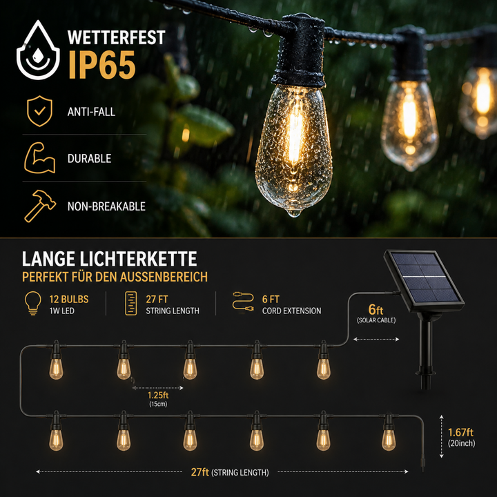 Eine lange CampGlow Lichterkette beleuchtet eine Terrasse für gemütliche Sommerabende.