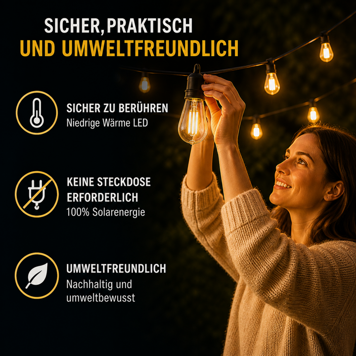 CampGlow Solarpanel im Gras, das Sonnenlicht für umweltfreundliche Beleuchtung sammelt.