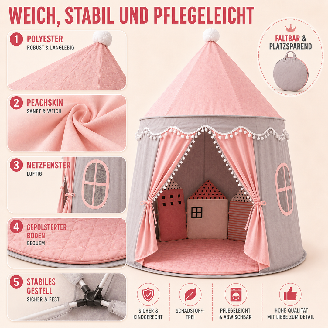 Abenteuerliches Schlosszelt für Kinder, lädt zu fantasievollen Rollenspielen im Kinderzimmer ein.