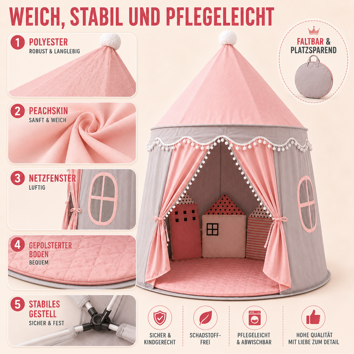 Abenteuerliches Schlosszelt für Kinder, lädt zu fantasievollen Rollenspielen im Kinderzimmer ein.