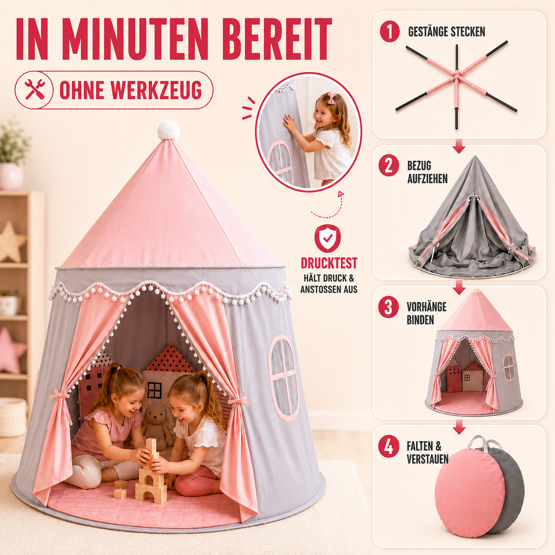 Hochwertiges Spielzelt Schloss für Kinder, faltbar und perfekt für kreative Spielstunden zu Hause.