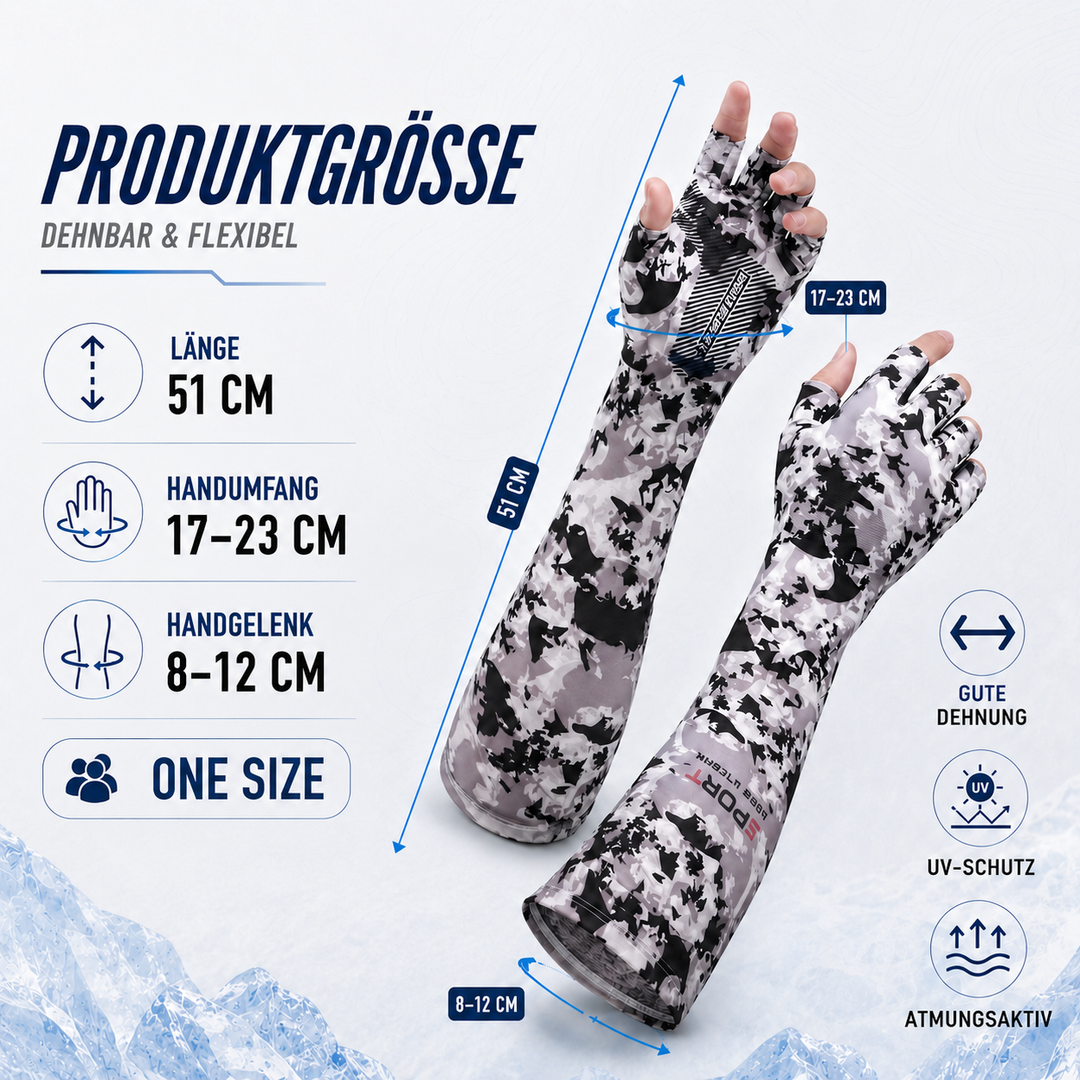 Produktdarstellung von grauen Camouflage Kühlärmeln mit Maßen und Eigenschaften