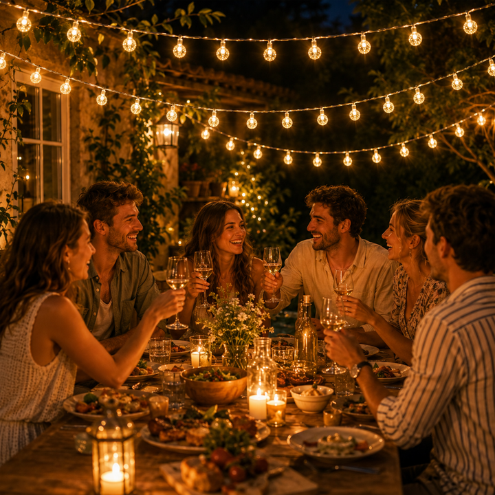 Stimmungsvolle Partybeleuchtung mit warmweißen LEDs an einer Hecke im Garten