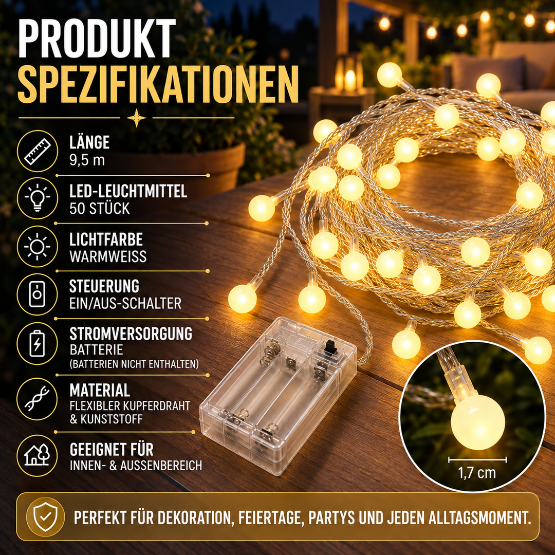 Produktspezifikationen der 9,5m Lichterkette mit Solarpanel