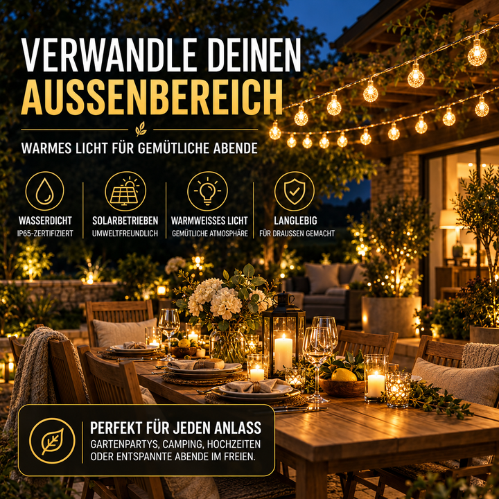 Solare Lichterkette Outdoor 9,5m mit 50 LEDs für stimmungsvolle Gartenbeleuchtung im Dunkeln