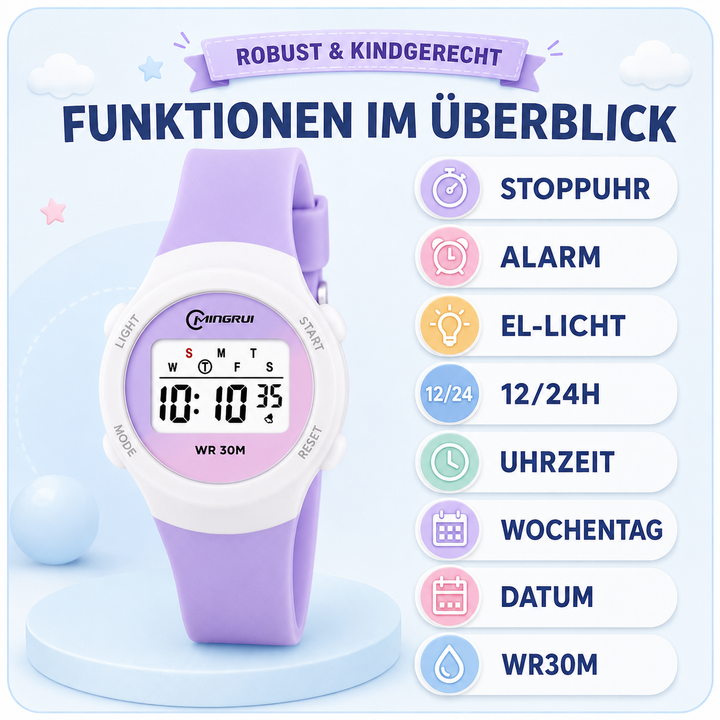 Übersicht der Funktionen wie Stoppuhr und Alarm in Lila
