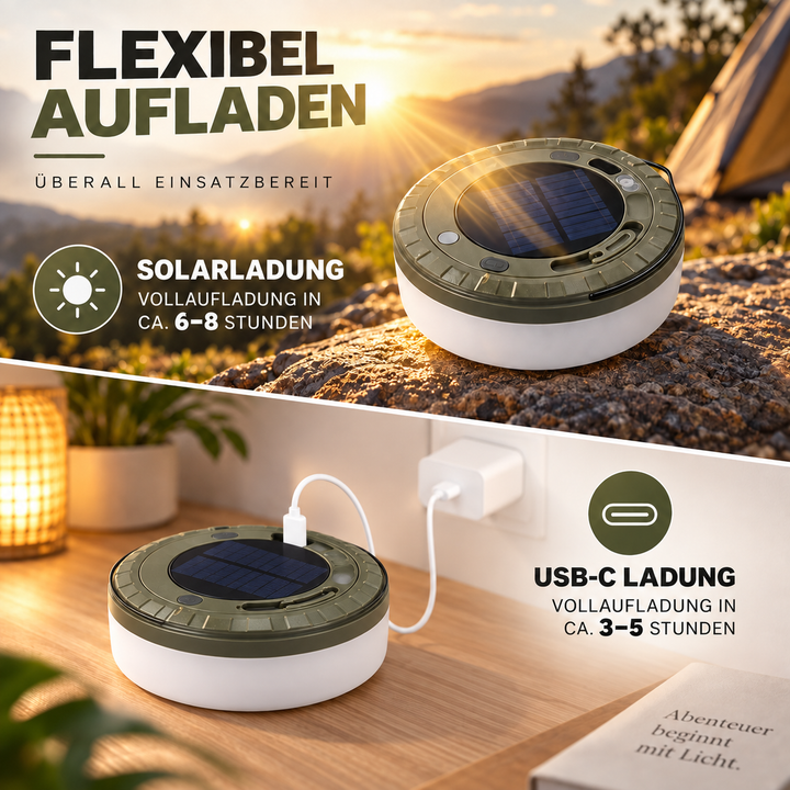Tragbare Campinglaterne mit USB-C Anschluss zum schnellen Aufladen
