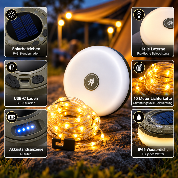 Solar LED Campinglaterne mit integrierter 10 m Lichterkette für Outdoor Beleuchtung