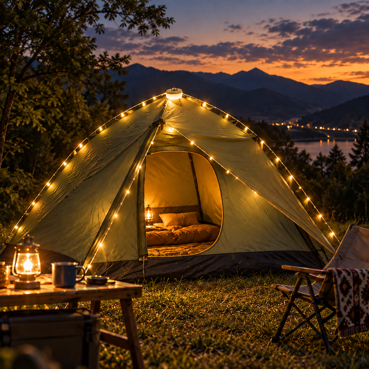 Verpackung und Zubehör der Solar LED Campinglaterne mit Lichterkette