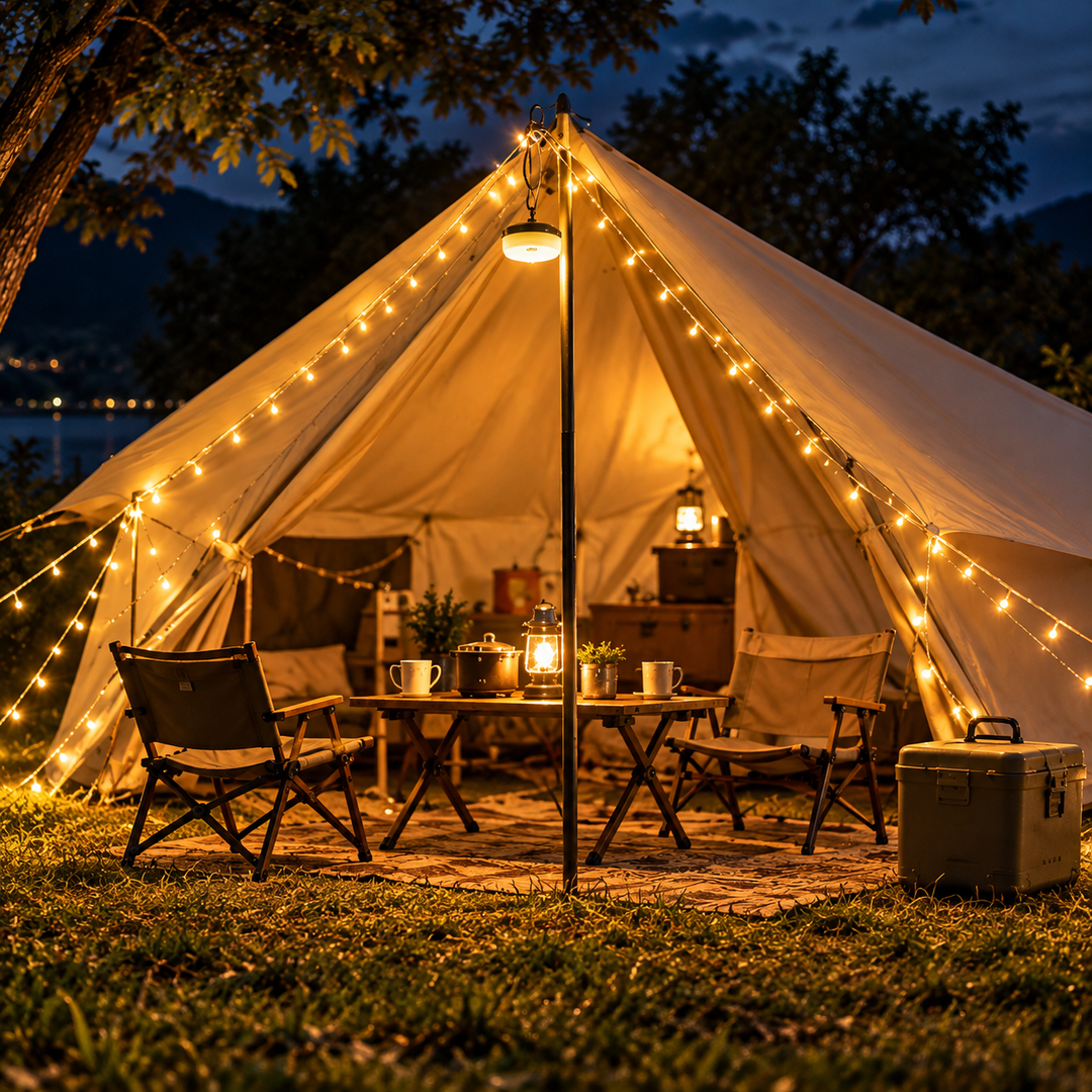 Solar Campinglaterne und Lichterkette im Einsatz im Zelt bei Nacht