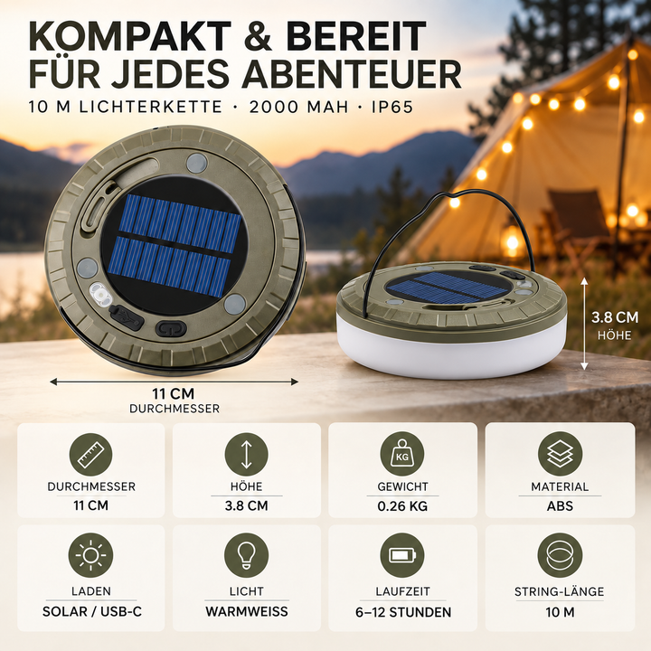 Infografik mit den Maßen und technischen Daten der Solar Campinglaterne