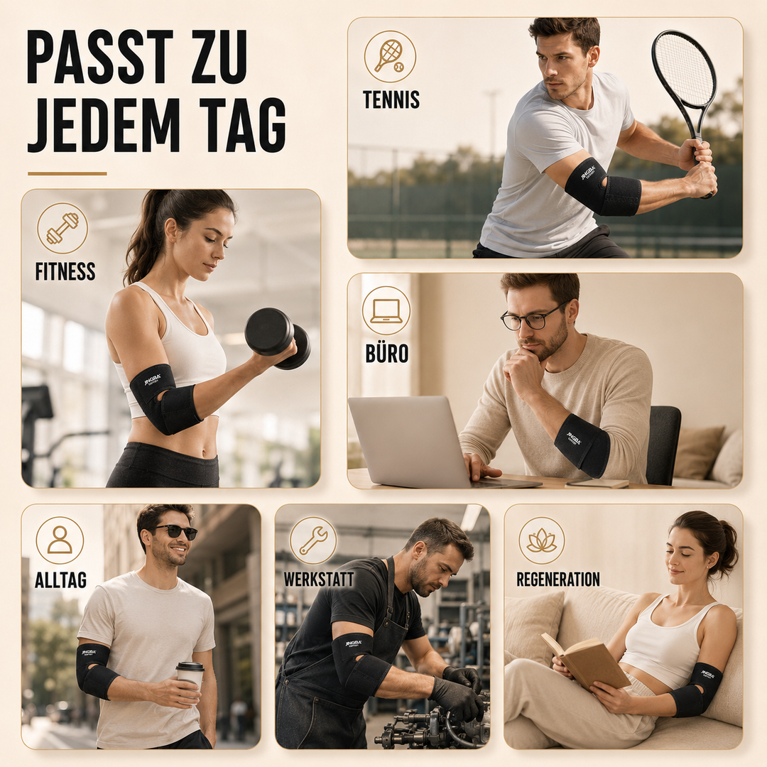 Infografik: Spürbar mehr Halt durch verstellbare Ellbogenbandage, Kompression und Stabilität