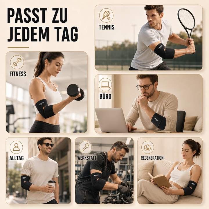 Infografik: Spürbar mehr Halt durch verstellbare Ellbogenbandage, Kompression und Stabilität