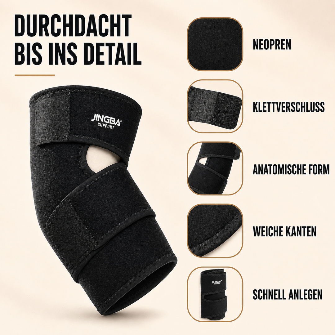 Mann hält schmerzenden Ellbogen, daneben Liste der Beschwerden: Tendinitis, Bursitis, Tennisarm