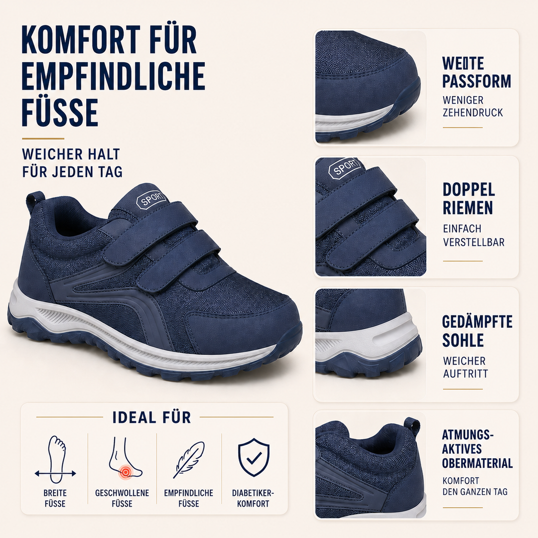 Detailaufnahme des Klettverschlusses am Herren Gehtrainer, orthopädisch, für individuelle Passform.