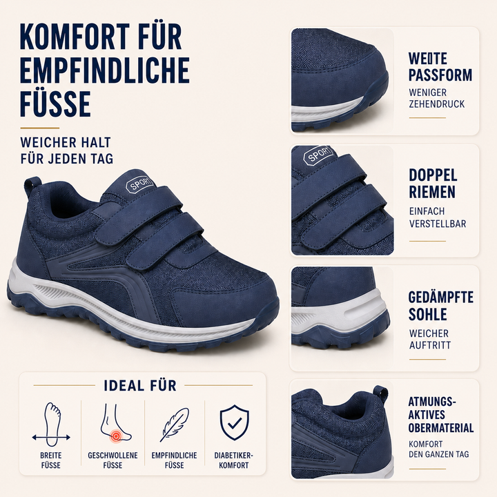 Detailaufnahme des Klettverschlusses am Herren Gehtrainer, orthopädisch, für individuelle Passform.