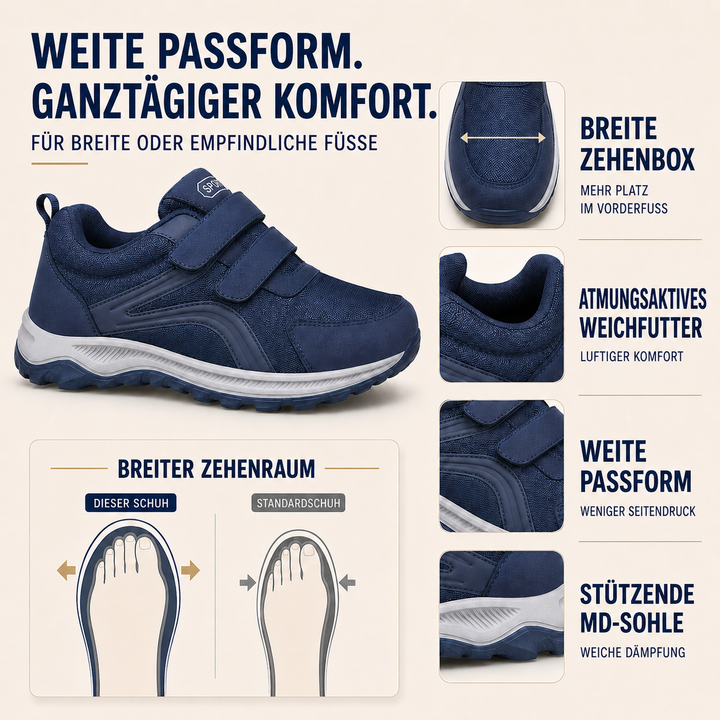 Seitenansicht des Herren Komfortschuhs, Breitpassform, Klettverschluss, für Alltag und Freizeit.