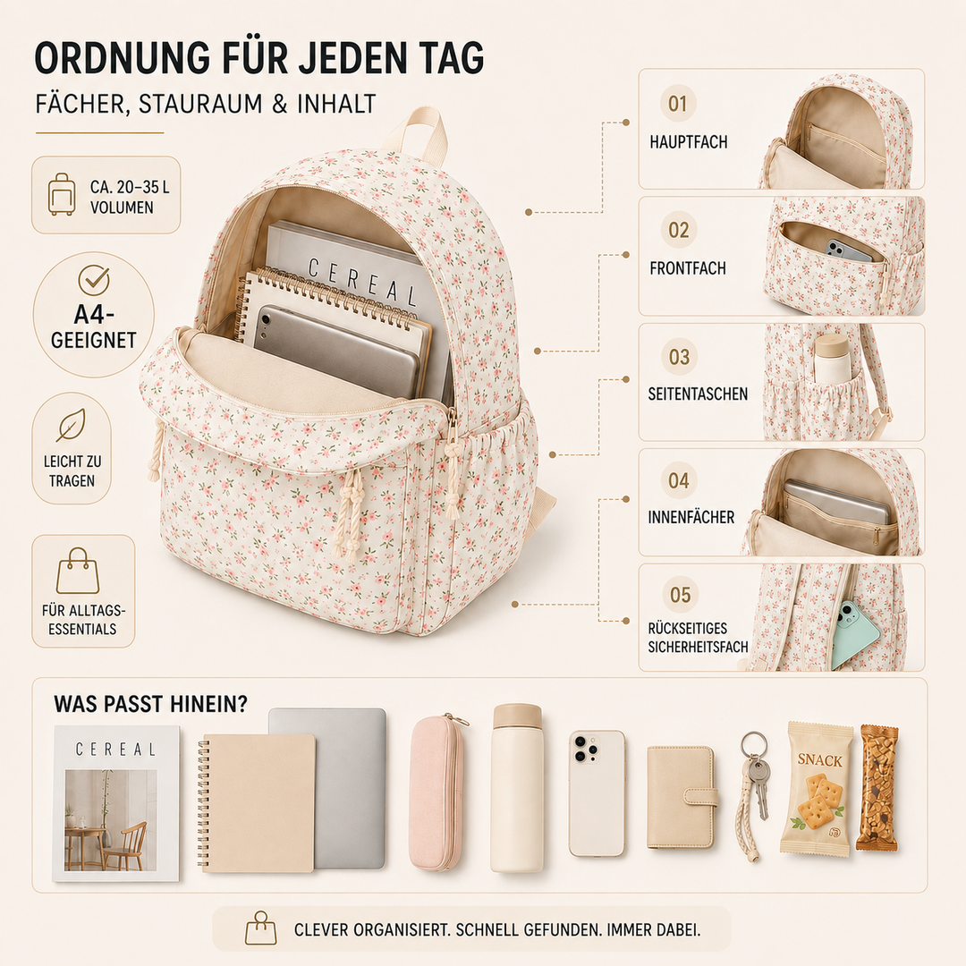 Damen Schulrucksack mit Blumenmuster in der Seitenansicht