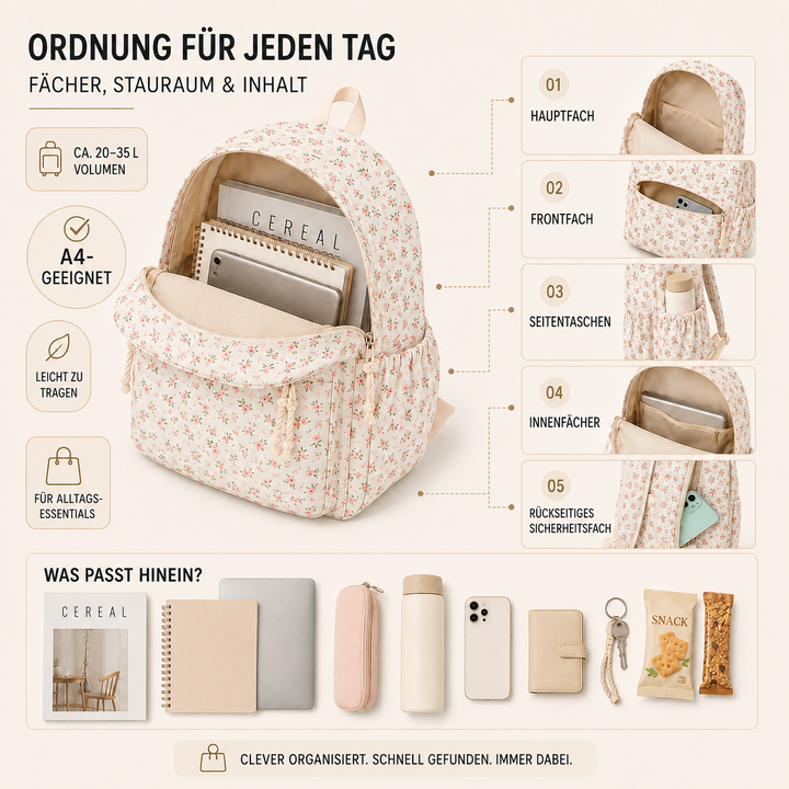 Damen Schulrucksack mit Blumenmuster in der Seitenansicht
