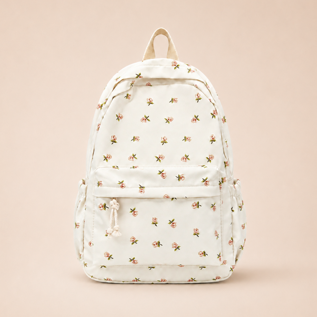 Schulrucksack mit floralem Print: Blick auf die Vordertasche