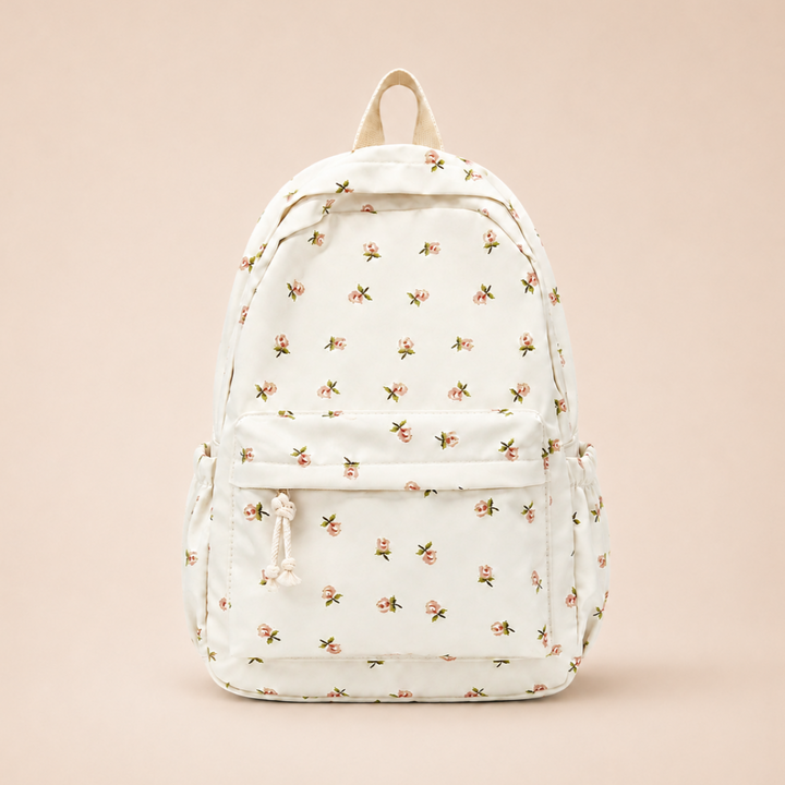 Schulrucksack mit floralem Print: Blick auf die Vordertasche