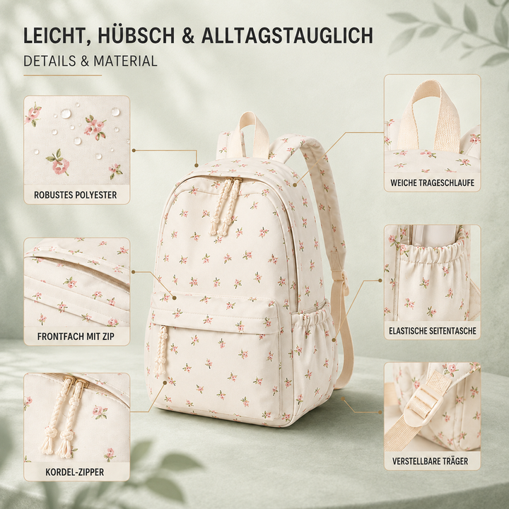 Blumenmuster Damenrucksack: Detailansicht der Reißverschlüsse