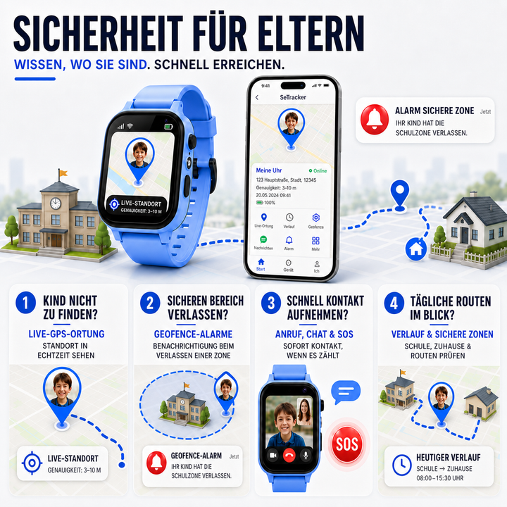 Übersichtliche Darstellung der Sicherheitsfunktionen und Smartphone App für die GPS Smartwatch